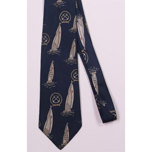J. Press Navy Blue Sailboat Theme Jacquard Silk Necktie Tie - Picture 3 of 6